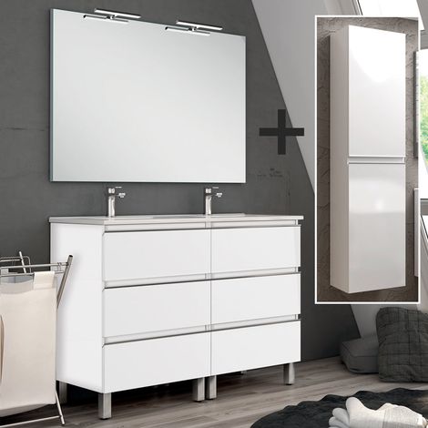 Ensemble meuble de salle de bain 140cm double vasque + colonne de rangement - blanc - PALMA (1/5)