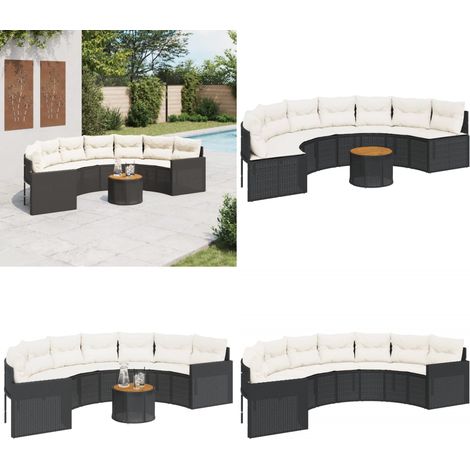 Canapé de jardin table coussins demi-rond noir résine tressée - Canapé De Jardin - Salon De Jardin - Ensemble De Jardin - Mobilier Extérieur - Résine Tressée - Home & Living (1/5)