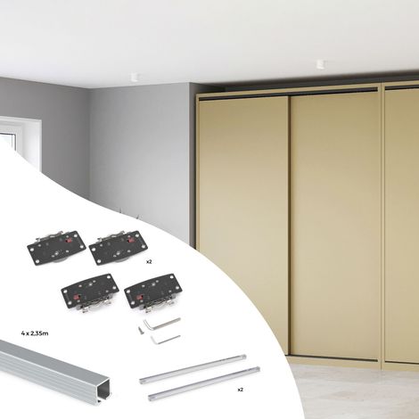 Emuca Kit di ferramenta per armadio 2 con porte scorrevoli e chiusura soft Flow2 con binari incassati 2,35 m, pannelli non inclusi, Anodizzato opaco