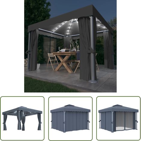 Tonnelle Barnum Style Moderne - Pavillon de Jardin - Tente de réception - avec rideau et guirlande lumineuse LED 3x3m Anthracite Chic-187183 (1/5)