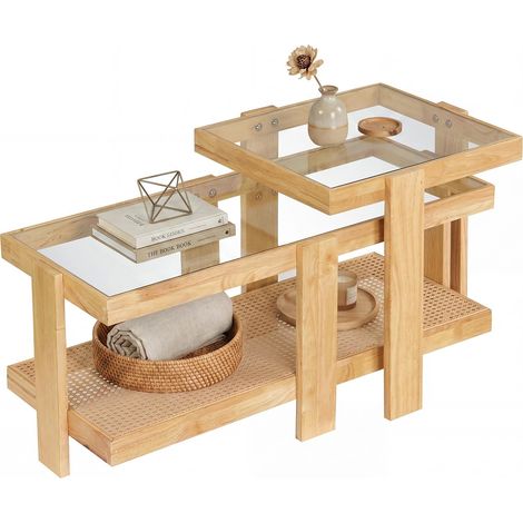 COSTWAY Set Di 2 Tavolini Impilabili Tavolo Salotto Caffè Divano Consolle Mobile D'Accento Moderno Rettangolare Quadrato Soggiorno Rattan Piano In Vetro Tempe (1/5)