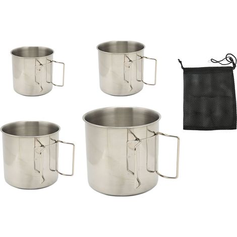 Lot de 4 gobelets de camping en acier inoxydable avec poignée pliable, emboîtables, pour le camping, les feux de camp, la randonnée et le trekking.