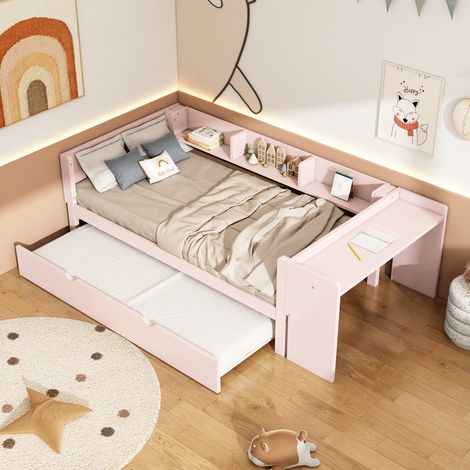 Lit 90x200 cm, banquette plate avec couchage rabattable, bureau incorporé, trois tablettes latérales, couleur rose