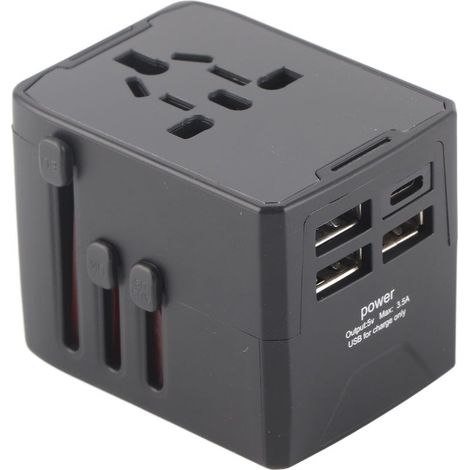Adaptateur universel de voyage prise internationale convertisseur multiprise 110-250V 3 ports USB et USB-C noir pour tous pays (1/5)