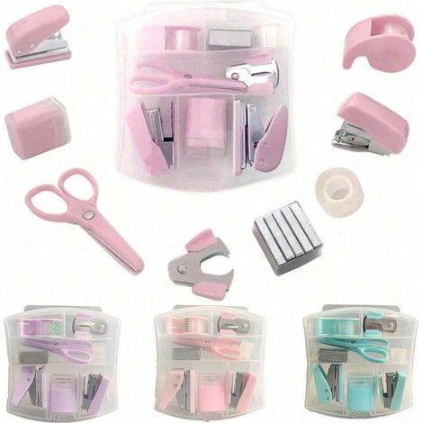 Set de bureau de fournitures de bureau 8-en-1 avec perforateur, agrafeuse, distributeur de ruban adhésif, ciseaux et plus, pour étudiants et cadeaux de bureau, transparent (1/5)
