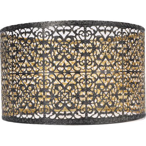 Abat-Jour Métal Cylindre Design Moderne avec Motifs Ajourés Noir et Doré – Compatible E14/E27 pour Lampe de Table, Mur ou Plafond (25cm diamètre, 16cm hauteur) – 1 Abat-Jour en Fer