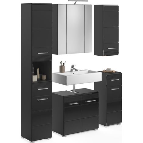 Badezimmermöbelset: Waschbeckenunterschrank + Badezimmersäule + 2 Halbsäulen + Stauraumschrank mit