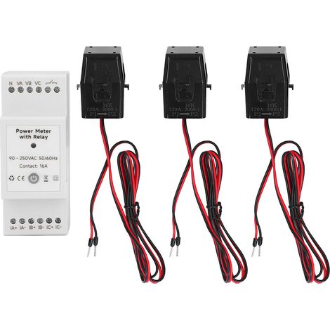 Ortviai Compteur Électrique Intelligent WiFi 3 Phases 4 Fils avec Relais et 3 Capteurs de Courant 120 A – 90-250 V