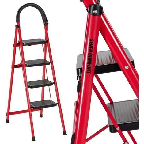 Sette Comfort-Escabeau 4 gradini-Pieghevole con Pedale Antiscivolo-Carico 150KG-Acqua-Rosso (1/5)