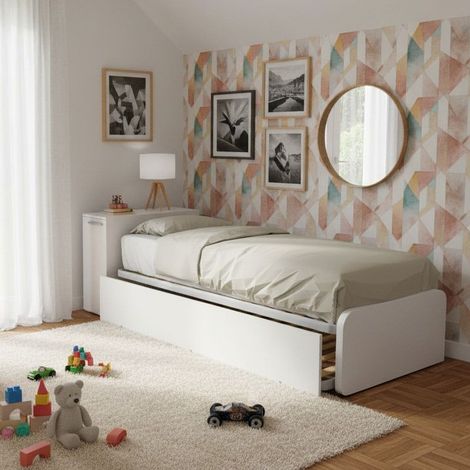 Letto singolo con secondo letto estraibile e testata testiera contenitiva - 80x190 - Bianco