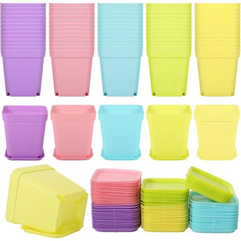 FLITI 100-teiliges Set bunter, quadratischer 7,6 cm Kunststoff-Blumentöpfe mit Untersetzern für Garten, Innen- und Außenbereich, Zuhause, Büro und Balkon (1/4)