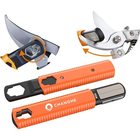 LOLLANDA Affûteur polyvalent pour outils de jardin – Pour l'affûtage des lames de tondeuse, sécateurs, haches, machettes, taille-haies, ciseaux, hachettes et couteaux de poche – Affûteur rapide (Orang (1/5)