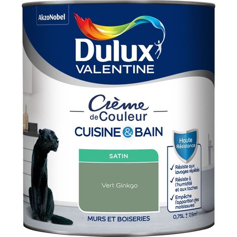 [PROMO] Dulux Valentine Peinture Intérieure Crème de Couleur Cuisine et Salle de bain - Satin Vert Ginkgo 0,75 L