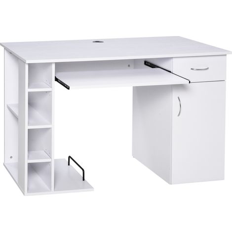 Escritorio multimedia multifuncional con múltiples compartimentos de almacenamiento, un cajón y una bandeja para tableta y teclado. Material: MDF. Dimensiones: 120 x 60 x 74 cm. Color: blanco.