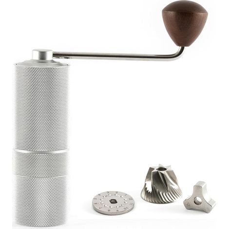 Moulin à café manuel - 1 unité - Acier inoxydable et bois - Broyeur conique réglable - Expresso et filtre - Argent mat (1/5)
