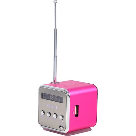 Mini enceinte portable avec radio FM et lecteur de musique, compatible PC, format compact, rose. Compatible cartes TF et clés USB.