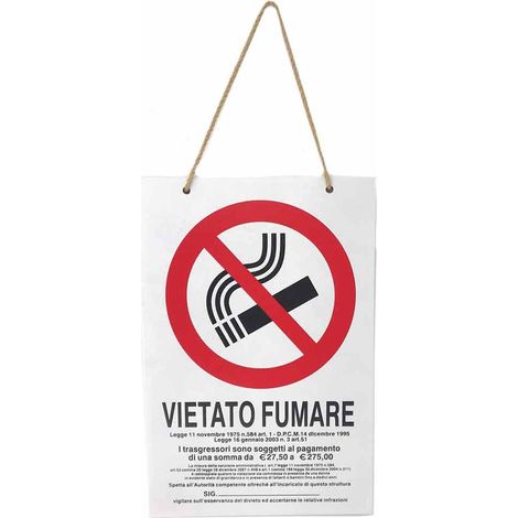 Cartello vietato fumare divieto targa in legno 20x30 cm con corda da appendere segnaletica interna con sanzioni negozi ristoranti