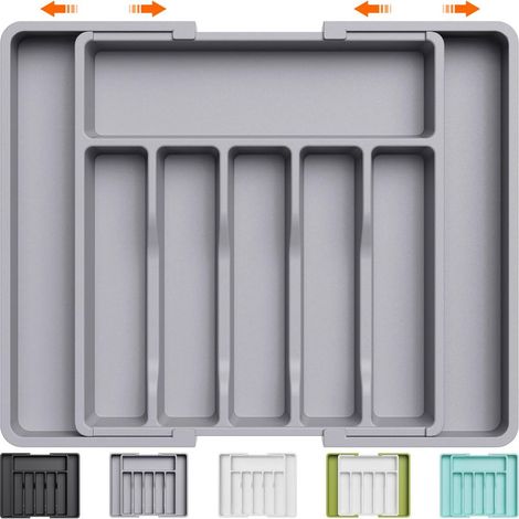 Range Couverts, Plateau d'Ustensiles Extensible pour Tiroir, Organisateur de Tiroir Réglable pour la Cuisine, Rangement Compact en Plastique pour contenir des Cuillères, Fourchettes, Gris