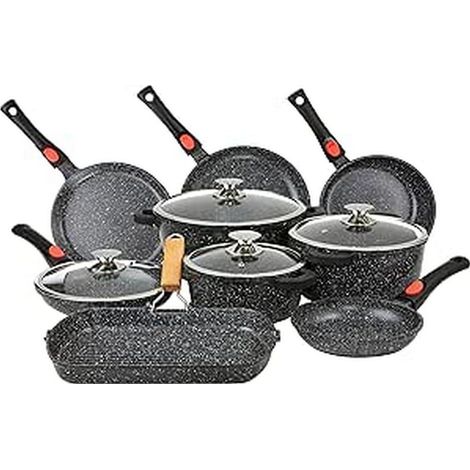 Set Lot Batterie de cuisine 24 pièces Fonte d'aluminium Revêtement pierre Manche Amovible Tous Feux dont Induction Sans PFOA Noir (1/5)