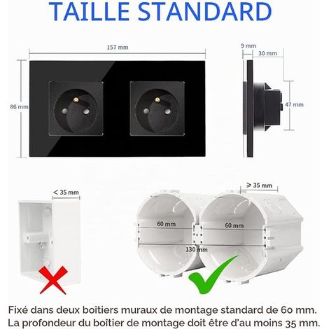 Prise Murale Electrique - Prise Encastrable Standard Extra Plate - Double Prises de Courant Panneau - Panneau en Verre Noir (1/2)