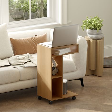 Beistelltisch für Sofa, C-förmiger Beistelltisch mit Rollen, offene Fächer, 40 x 30 x 69 cm, Eiche
