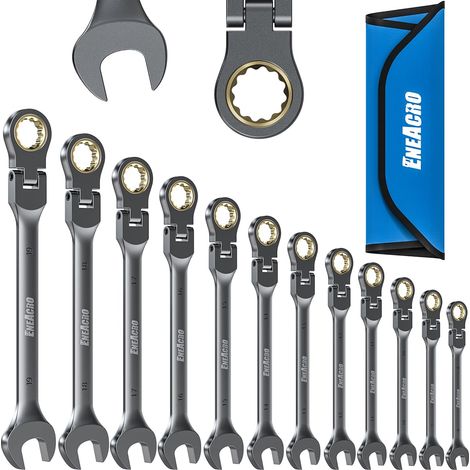 Jeu de clé plate à cliquet, Jeu de clés à tête flexible antidérapante 12 pièces, métrique 8-19mm, 72 dents, Chrome Vanadium, nickelé avec Sac de Rangement (1/5)