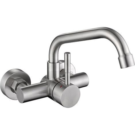 Wandmontierte Küchenarmatur, 360° drehbarer Wandmischer, 110 mm Abstand zwischen Warm- und Kaltwasserdüsen, Unterputz-Küchenmischer aus Edelstahl 304, abnehmbarer Luftsprudler, gebürstete Oberfläche (1/5)
