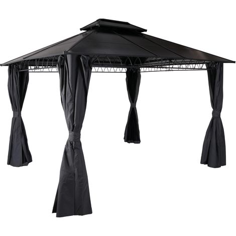 Hardtop Pergola HHG-496, Pavillon, Aluminium Dachstreben 7cm-Stahlgestell mit Seitenwand und Moskitonetz 3,6x3m grau (1/5)
