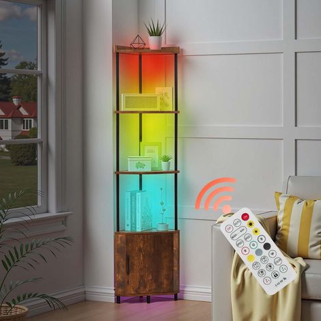 Étagère d'angle à 5 Niveaux, bibliothèque du Coin étroite avec éclairage LED et Portes, Meuble de Rangement Tour avec Cadre en métal et étagères en Bois, pour Maison, Bureau, Marron Rustique (1/5)