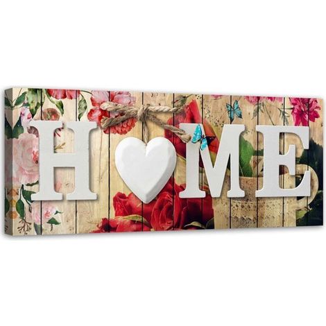 Tableau sur toile Inscription Home avec fleurs roses 90x30 (1/5)