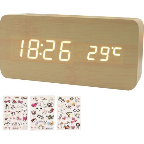Despertador digital de madera, pantalla LED de hora/fecha/temperatura, 8 niveles de brillo, modo día laborable/fin de semana, para dormitorio u oficina. (1/5)
