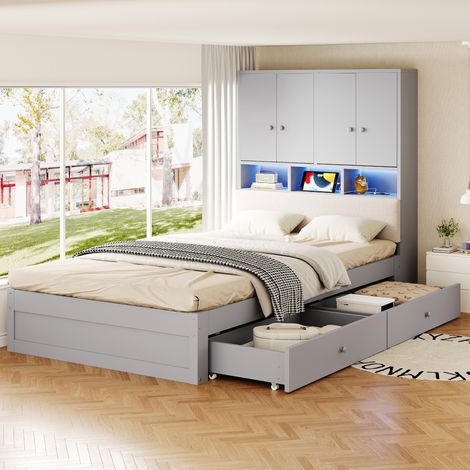 Lit multifonctionnel en bois 90 x 200 cm avec dossier rembourré, tête de lit avec espace de rangement, compartiments de rangement, éclairage LED et prise, avec tiroir, cadre de lit (1/5)