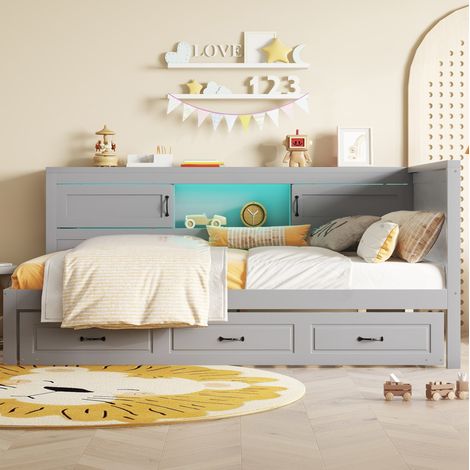 Lit daybed 90x200 cm en panneaux de particules/MDF gris avec LED, rangement, sans matelas – MEUBLIV (1/5)