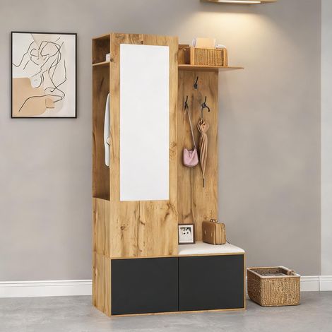 Porte-manteaux mural en MDF noir et bois avec miroir (1/5)