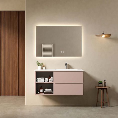Mobile bagno sospeso 100 cm Rosa Retro Lavabo a Destra in Ceramica Specchio Quadro Retroilluminato - Fiji Paint Plus (1/4)