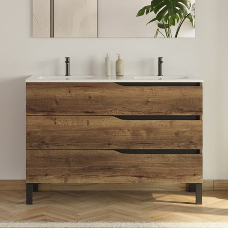 Meuble sous vasque seul, 3 tiroirs, 120cm, pour double vasque - noir - MATA