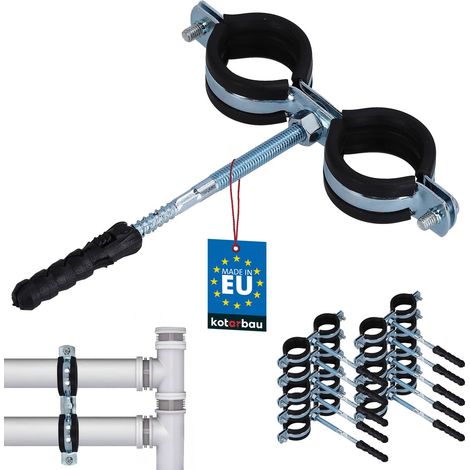 KOTARBAU® 10 pces. Collier de Serrage Tuyau - Acier Galvanisé - 1" - Double - Fixation pour Tube - Collier de Fixation - avec Joint en Caoutchouc - Fixation pour Tube - avec Chevilles - Noir Argenté (1/5)