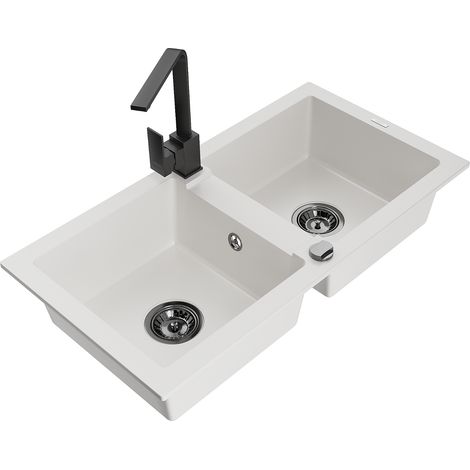 Mexen Mario lavello in granito a 2 vasche con miscelatore da cucina Rita, bianco - 6504-20-670300-70 (1/5)