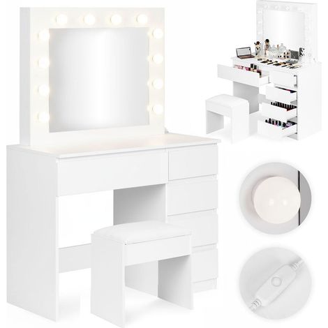 Schminktisch mit LED-Spiegel, 5 Schubladen, inklusive Hocker