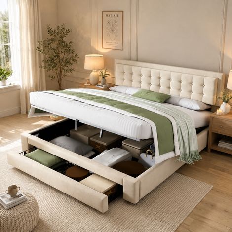 Lit coffre 180x200 cm, lit double avec tiroirs de rangement, sommier à lattes, grand espace de rangement, velours, beige (1/5)