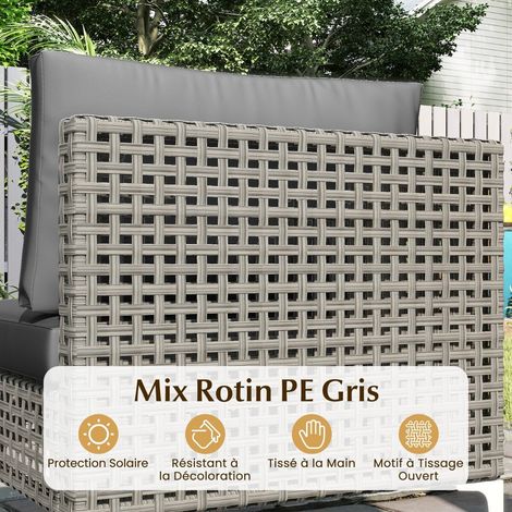 Salon de jardin 7 pièces en résine tressée gris avec table basse en acacia, coussins et assise modulable pour terrasse et jardin (1/5)