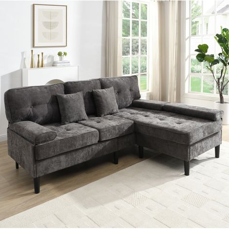 Divano angolare modulare 3 posti con pouf mobile in ciniglia 195 cm grigio antico OKMYHOME (1/5)