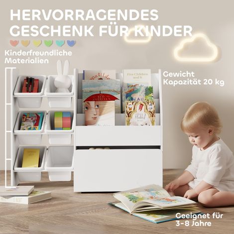 Spielzeugregal, Kinderzimmerregal mit 6 Behälter, Bücherablage, rollbare Box, 100 x 30 x 80 cm, MDF, Stahl, Weiß (1/5)
