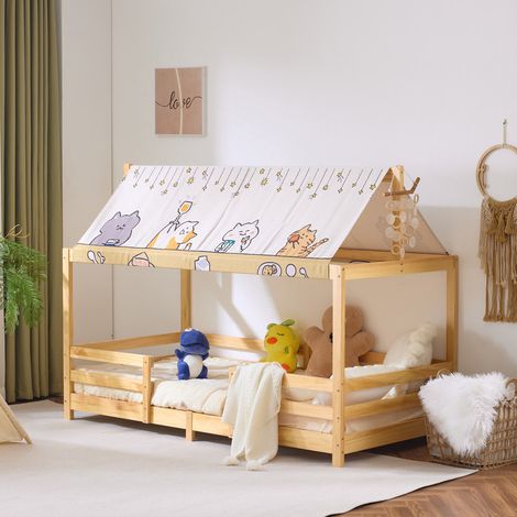 Lit enfant en pin teinté naturel 195x95x141cm avec baldaquin (1/5)