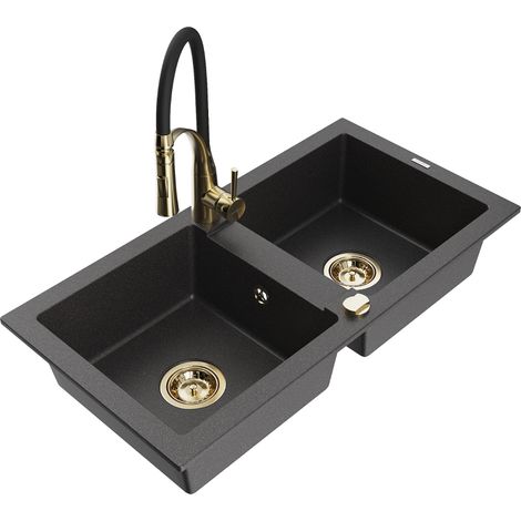 Mexen Mario évier en granit 2 bacs avec robinet de cuisine Aster, noir moucheté - 6504-76-73450-57-G (1/5)