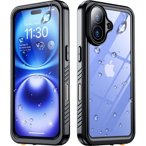 Étui étanche pour iPhone 16, avec protection d'écran et objectif intégrés, étanchéité IP68, protection renforcée intégrale, noir (1/5)