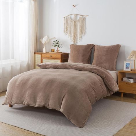Bettwäsche 240x220 cm Kaffeebraun 3tlg, Biber Warm Flauschig Bettbezug & 2 Kissenbezüge 80x80cm
