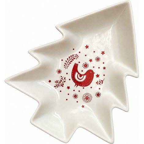 Assiette en céramique motif sapin de Noël blanc, format moyen 25 x 20,5 x 3,8 cm, décoration de Noël sapin blanc 25 x 20,5 x 3,8 cm (1/5)