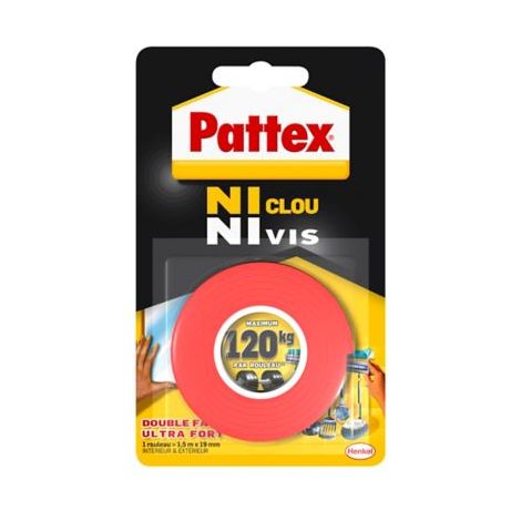 Pattex Ni Clou Ni Vis Double Face, Ruban adhésif double face ultra résistant pour fixation permanente, Adhésif de montage pour intérieur & extérieur, 19 mm x 1,5 m