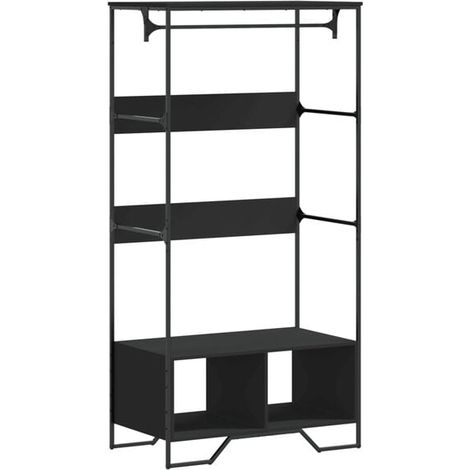 Meuble noir, dimensions 90x50x180 cm, en bois composite.